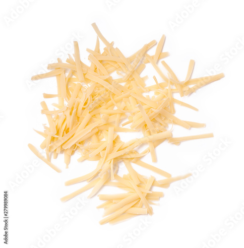 Grated cheese isolated on white background. Slices cheese. Top view.