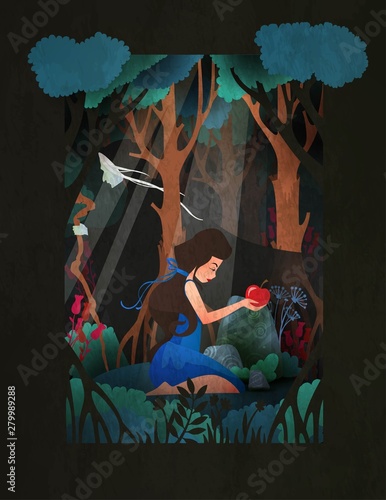 Girl in Snow White costume sitting in front of forest with red apple. Fairy tale vector illustration