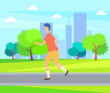 Runner person on walk, jogging guy jogger in sport cloth. Vector sportive boy running in park with houses and trees, cartoon person side view, outdoors