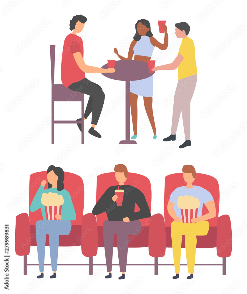 People sitting with popcorn and drinking, man and woman dancing near table, holding cup, male and female characters entertainment, leisure element vector