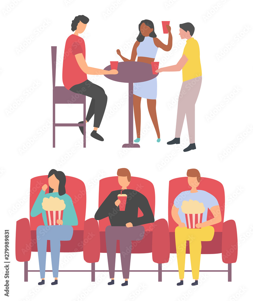 People sitting with popcorn and drinking, man and woman dancing near table, holding cup, male and female characters entertainment, leisure element vector People sitting with popcorn and drinking, man and woman dancing near table, holding cup, male and female characters entertainment, leisure element vector