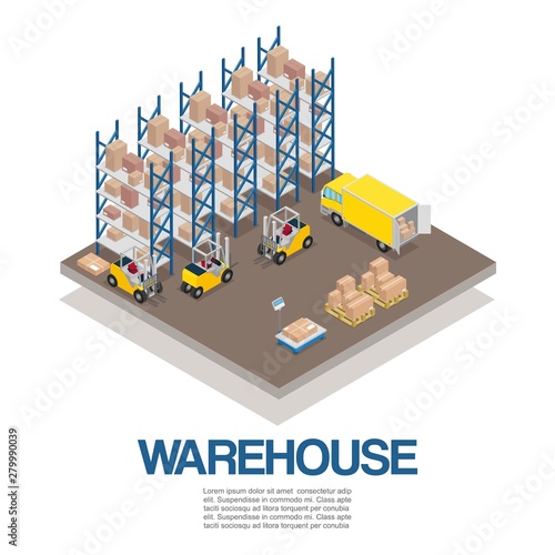 Warehouse with forklifts and truck isometric vector illustration. Storage 3d warehouse isolated on white. Palletes and boxes for storage and transportation with cargo machinery.