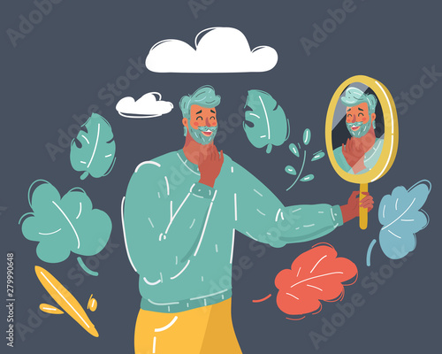 Man look his own sad reflection in the mirror