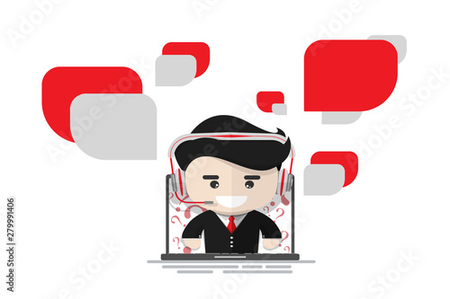 Cheerful customer service operater on laptop with chat bubble, Flat design character, illustrator element, call center concept photo