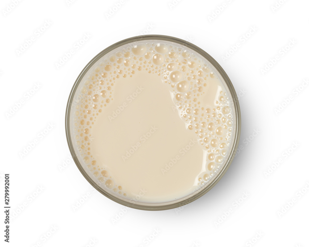 Cup with soy milk bubble foam top view isolated on white background, with clipping path. Cup with soy milk bubble foam top view isolated on white background, with clipping path.