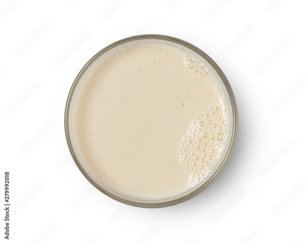 Cup with soy milk bubble foam top view isolated on white background, with clipping path. Cup with soy milk bubble foam top view isolated on white background, with clipping path.