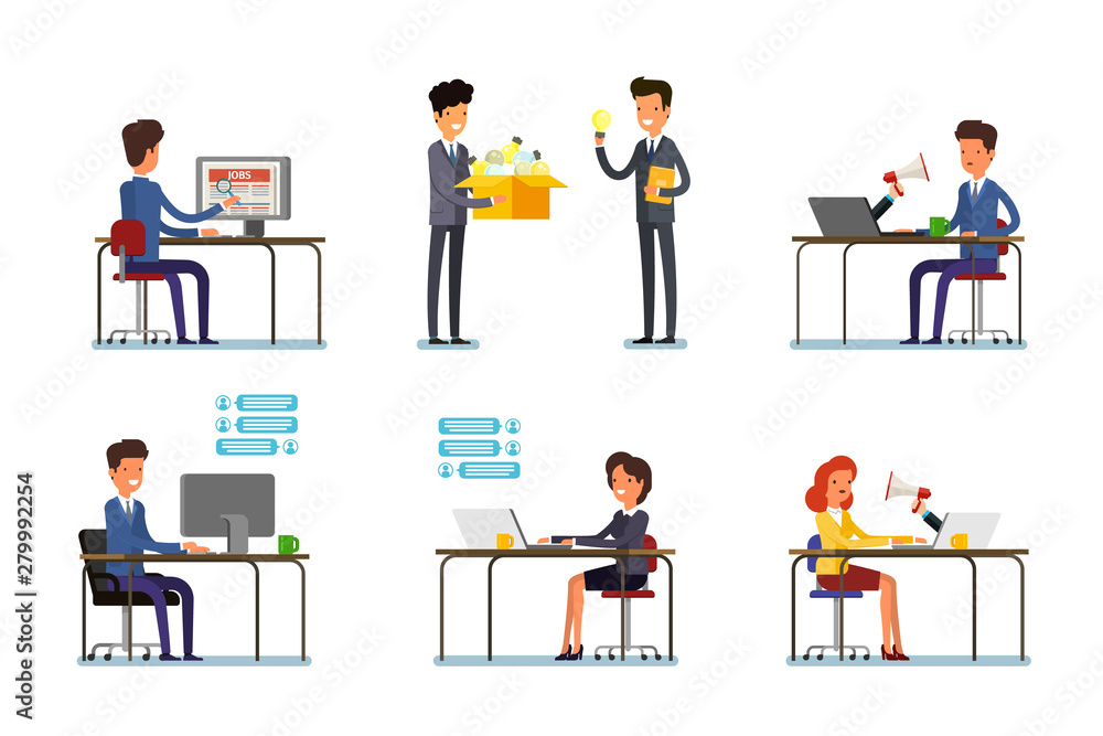 Set of business characters working in office. Vector illustration design