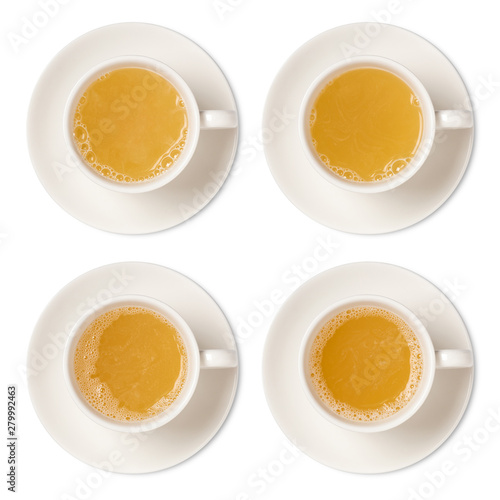 Cup of ginger tea assortment isolated on white background top view. with clipping path.