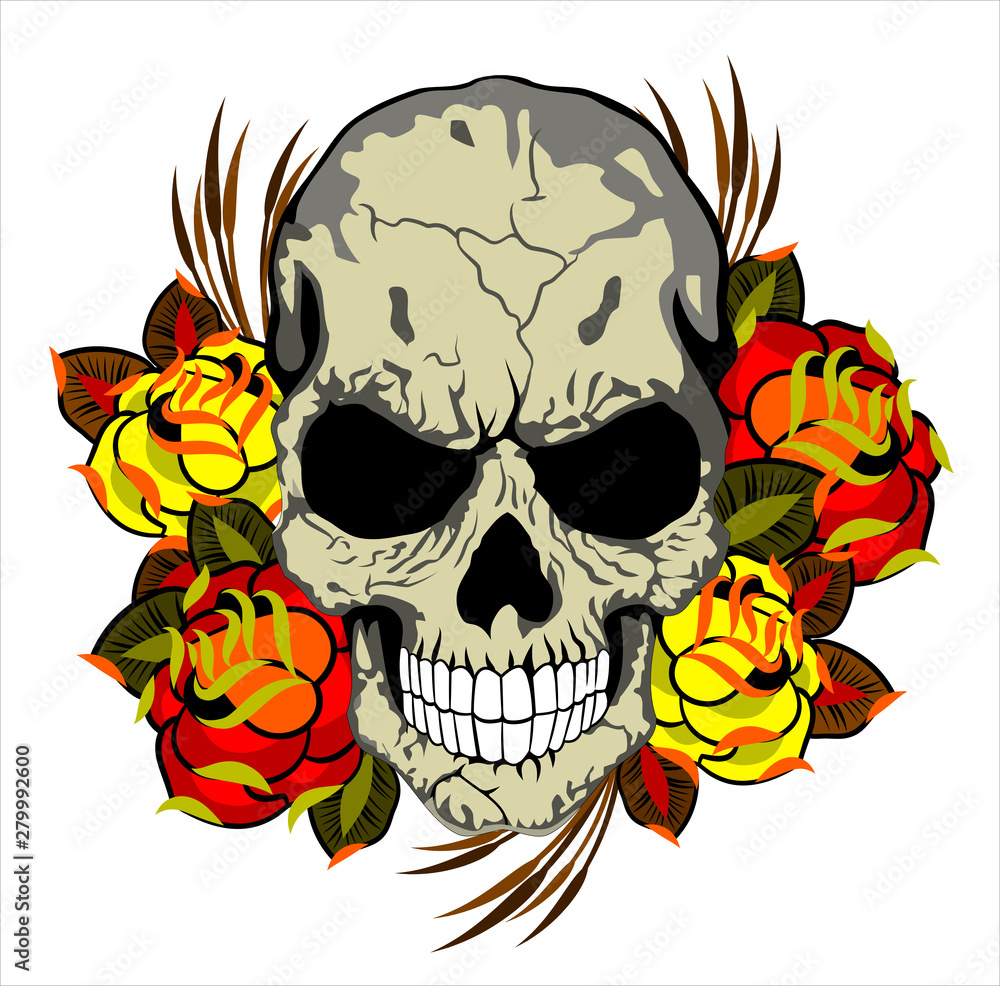 human skull and roses, old school style human skull and roses, old school style