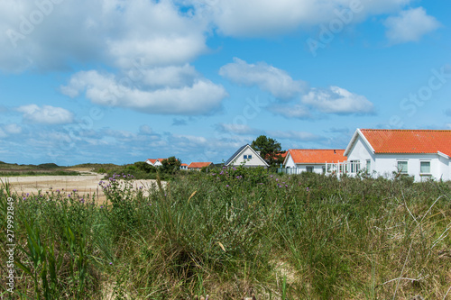 Group of vacation homes in dune landscape. Terschelling, The Netherlands, Europe.