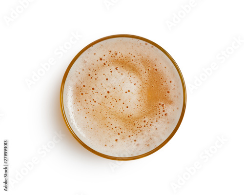 top view of beer bubbles in glass cup on white background. with clipping path.