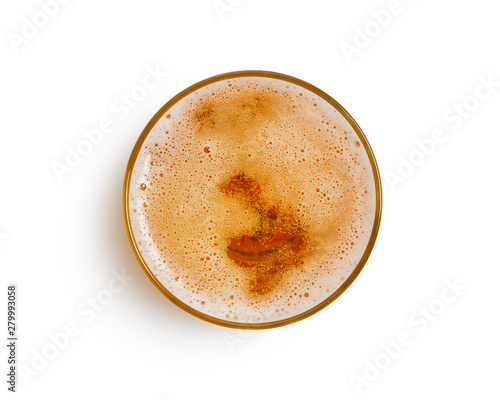 top view of beer bubbles in glass cup on white background. with clipping path.