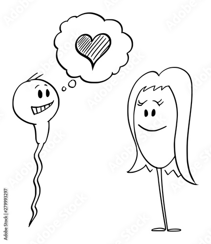 Vector cartoon stick figure drawing conceptual illustration of human sperm or spermatozoon declaring his love to ovum or egg with heart symbol.