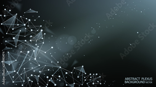 Vector. Neural network. Dark polygonal plexus background. Abstract futuristic 3d image. Science and technology. Microbiology. Macro effect. Lines and points. Particle motion. Blur.