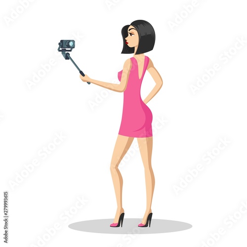 Attractive brunette girl using selfie stick and taking photo herself. Stylish heeled young woman in mini pink dress looking at camera and making video for her vlog. Vector cartoon isolated.