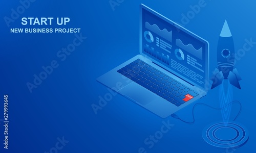 Start-up. Isometric view of the illustration. Laptop with data and infographics. The start button starts a new business project. The rocket is the embodiment of new ideas. Blue background.