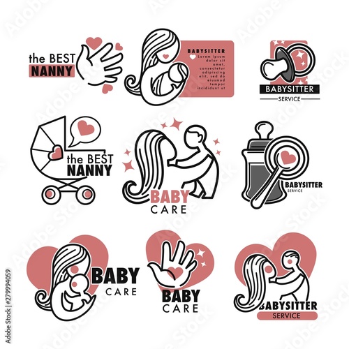 Nanny service or babysitter agency isolated icons baby care