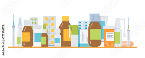 Different medicaments on the table. Medical concept. Banner for pharmacy, drug store or medical website. Flat vector illustration. 