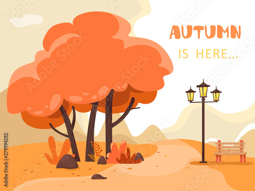 Autumn background Autumn is here ... Vector illustration. Handwriting text, lettering.