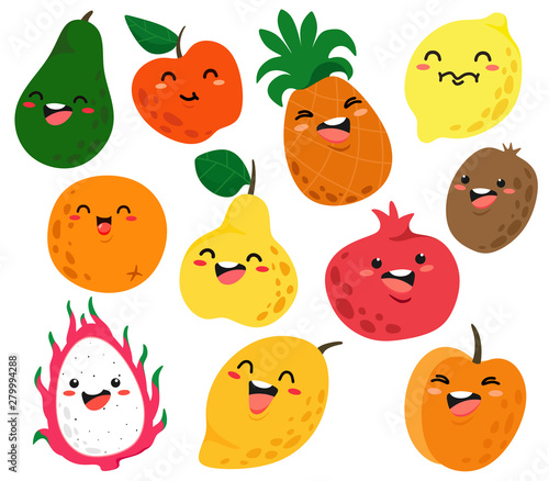 Cute and funny fruit characters with eyes. Vector fruit isolates on white background. Cartoon fruits