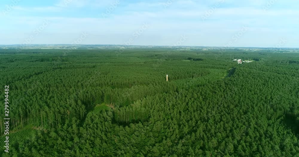 A tower in the forest for watching and observing nature safety. Drone shot of high fire watch tower in the middle of the forest on a hot sunny day. A tower in the forest for watching and observing nature safety. Drone shot of high fire watch tower in the middle of the forest on a hot sunny day.