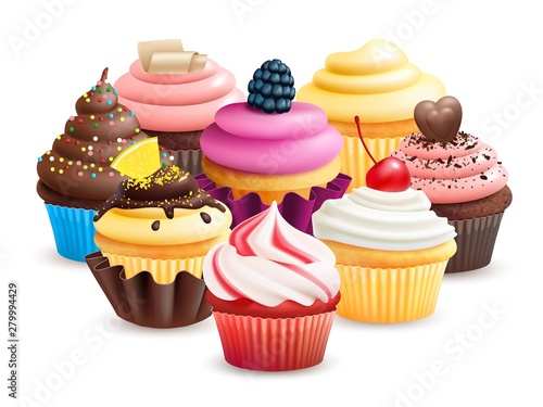 Realistic cupcakes with fruits, cream, chocolate, cherry vector illustration. Cupcake with blackberry, confectionery cake with chocolate