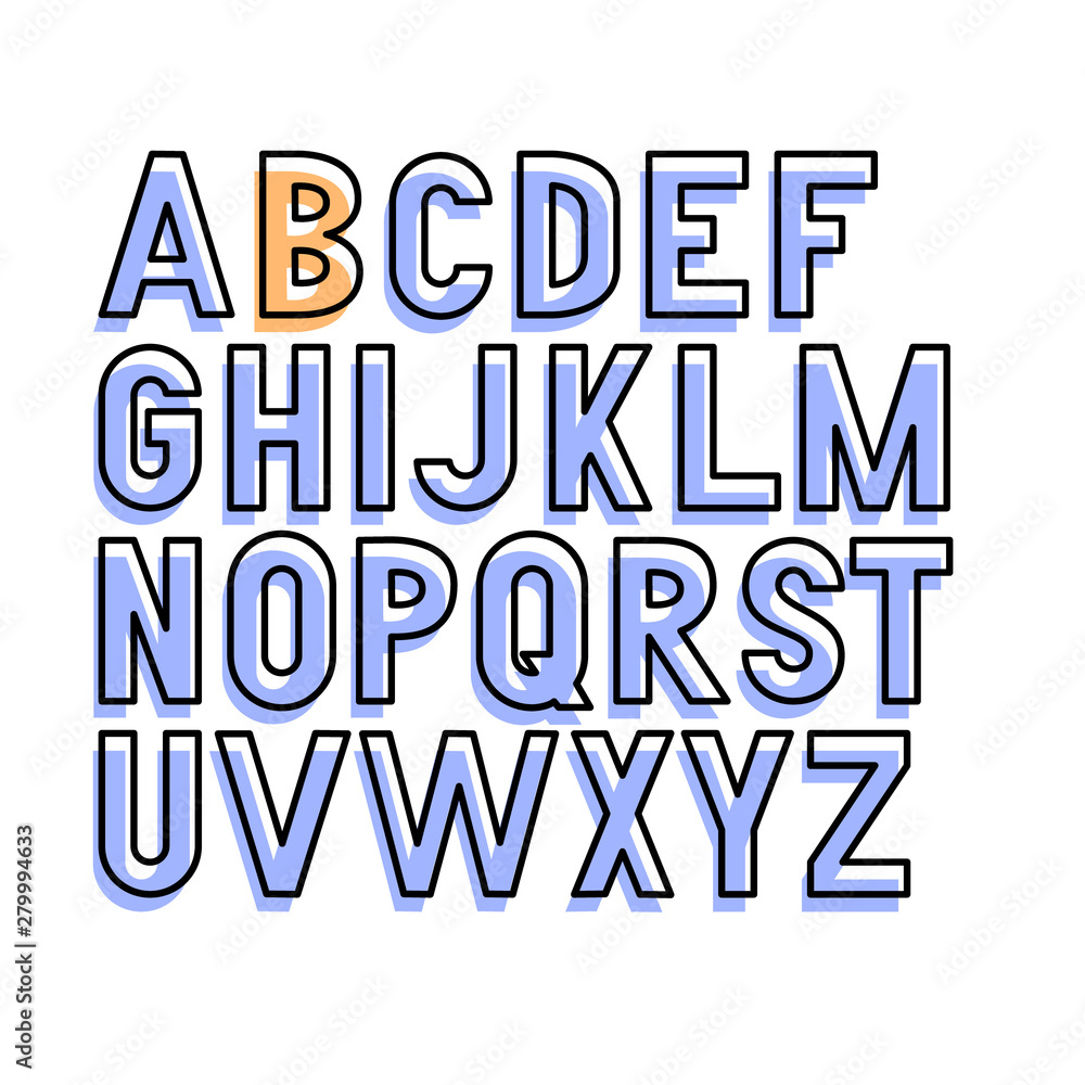 Vector bold condensed grotesque font. Uppercase letters only. Colored shadows. Posters, prints typeface Vector bold condensed grotesque font. Uppercase letters only. Colored shadows. Posters, prints typeface