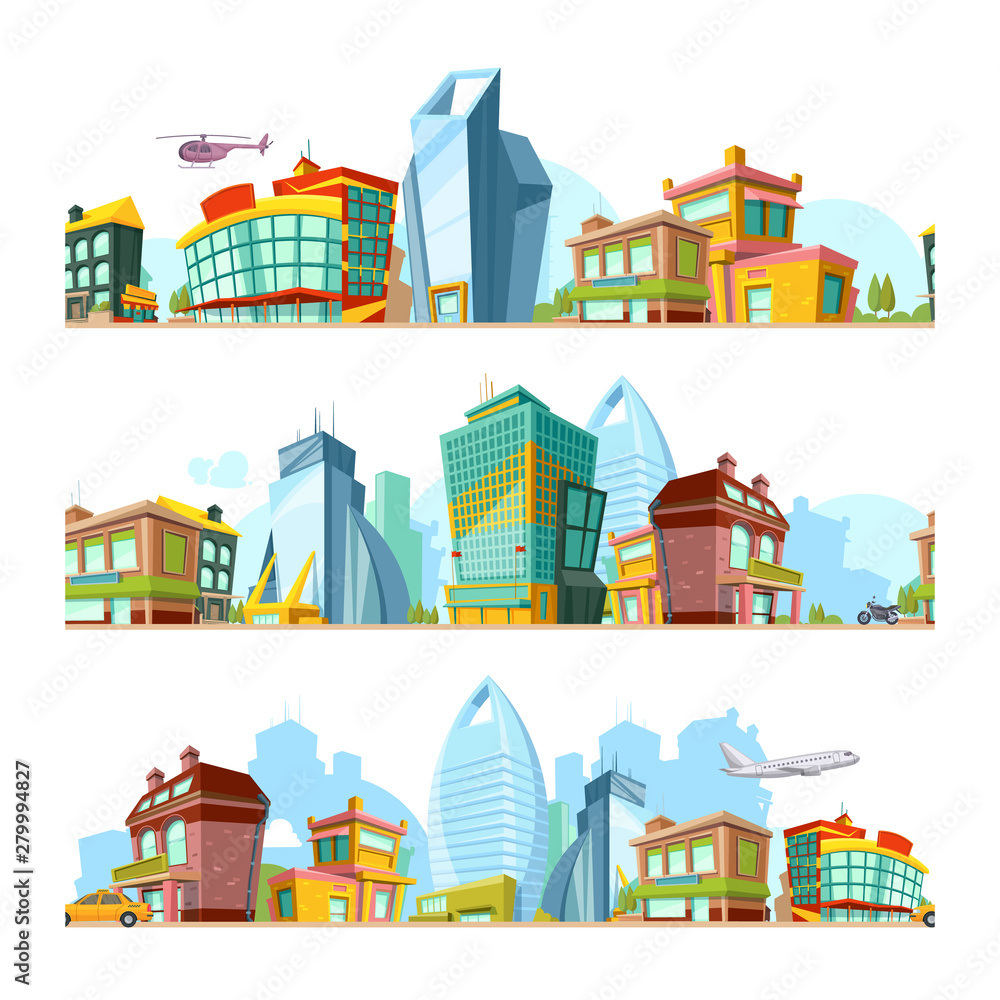 Urban seamless landscape. City backgrounds with modern buildings cityscape panoramic town pattern for 2d game vector design. Building cityscape seamless, town with house panorama exterior illustration