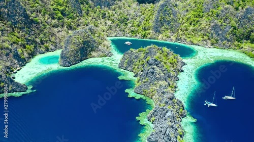 Aerial view of beautiful lagoons and limestone cliffs of Coron, Palawan, Philippines