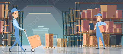 Warehouse interior. Big room with boxes on pallet shelves people loaders working vector inside of warehouse. Storage package box, interior with pallet and large box illustration