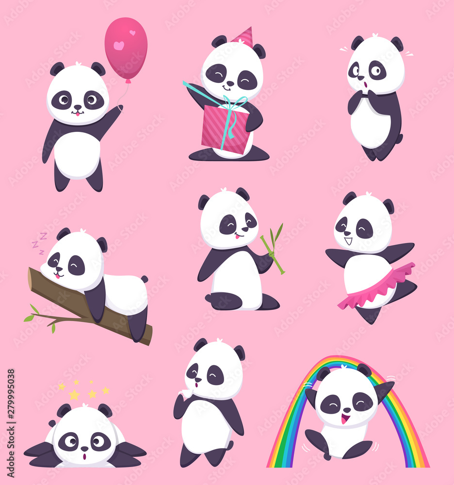 Panda kids. Little funny bear sweet animals in action poses vector cartoon characters. Animal panda happy, emotion and pose, eat and act illustration