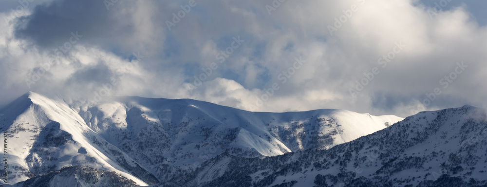 Snowy mountains with forest and sunlight cloudy sky