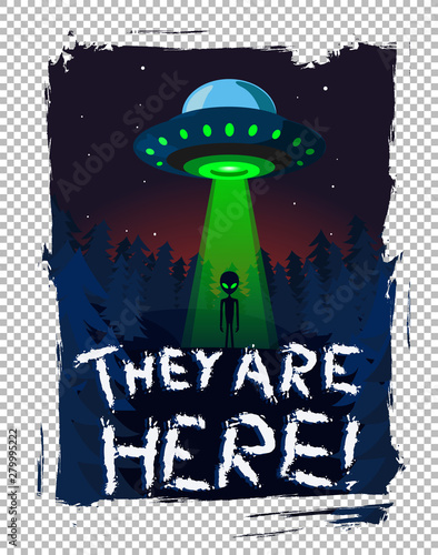 Alien invasion on Earth. UFO at night. Poster artwork on isolated background