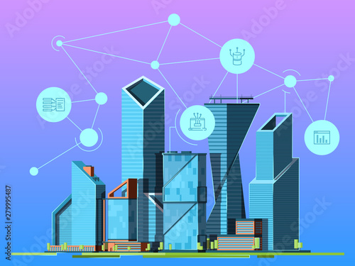 Smart city. Skyscrapers in urban landscape high technology environment wireless cityscape vector background picture. Building cityscape 5g connection illustration