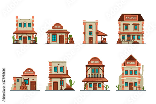 Western buildings. Wild west architectural constructions saloon vector collection. Western building saloon and bank, hotel and post illustration