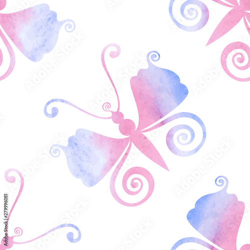 Butterflies and watercolor. Seamless pattern. Vector graphics