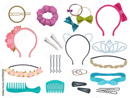 Hair accessories. Woman hair items stylist salon flowers elastic bands bows hoops vector cartoon illustrations. Illustration of hair accessories, accessory for care and clip hairnine,