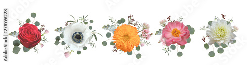 Real floral bouquet design: garden pink peach lavender creamy powder pale Rose wax flower, anemone Eucalyptus branch greenery leaves berry