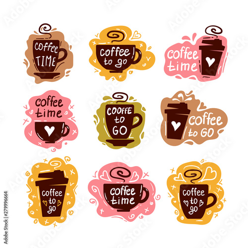 Coffee doodle logo. Restaurant coffee badge, cafe barista menu typography. Vector hand drawn bar set.
