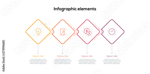Business process chart infographics with 4 step rhombs. Square corporate workflow graphic elements. Company flowchart presentation slide template. Vector info graphic design.