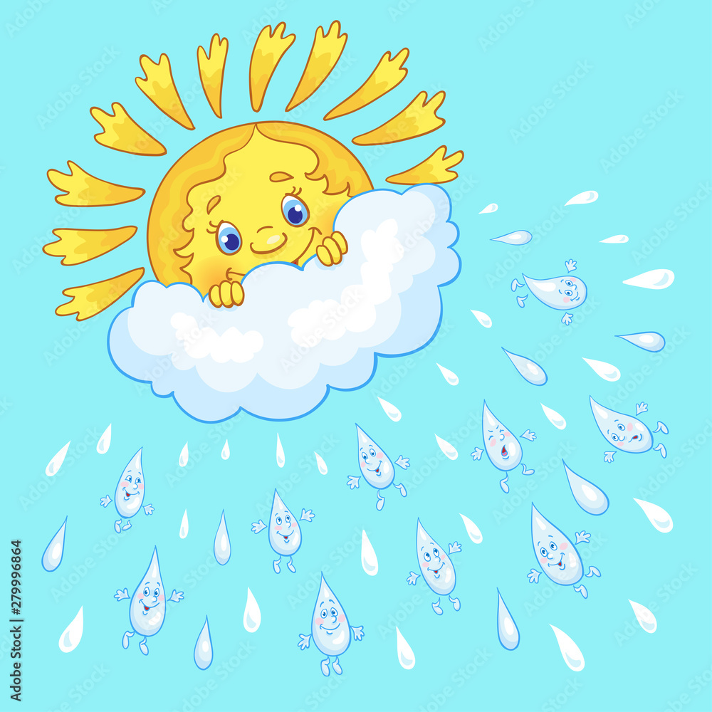 Cartoon sun peeking out from a cloud and funny raindrops. Card on a blue background. Cartoon sun peeking out from a cloud and funny raindrops. Card on a blue background.