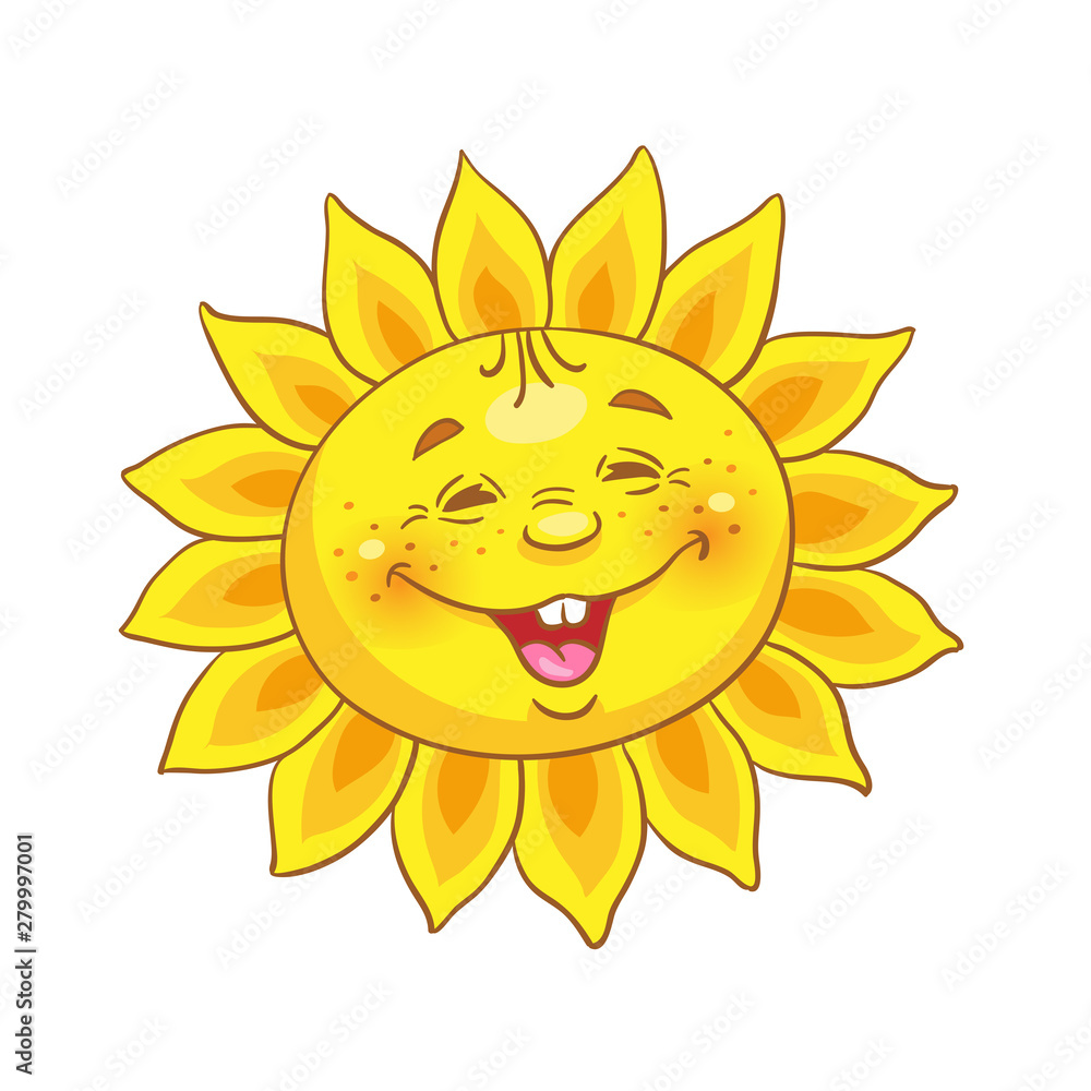 Funny, smiling sun. In cartoon style. Isolated on white background. 