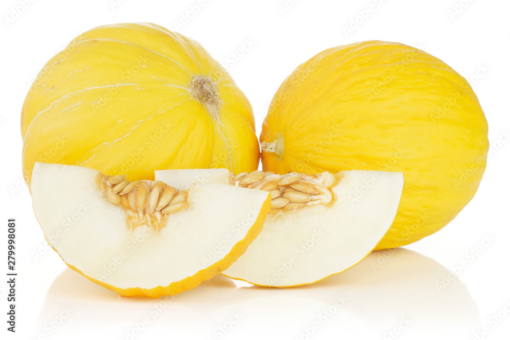 Group of two whole two slices of fresh yellow melon canary with seeds isolated on white background Group of two whole two slices of fresh yellow melon canary with seeds isolated on white background