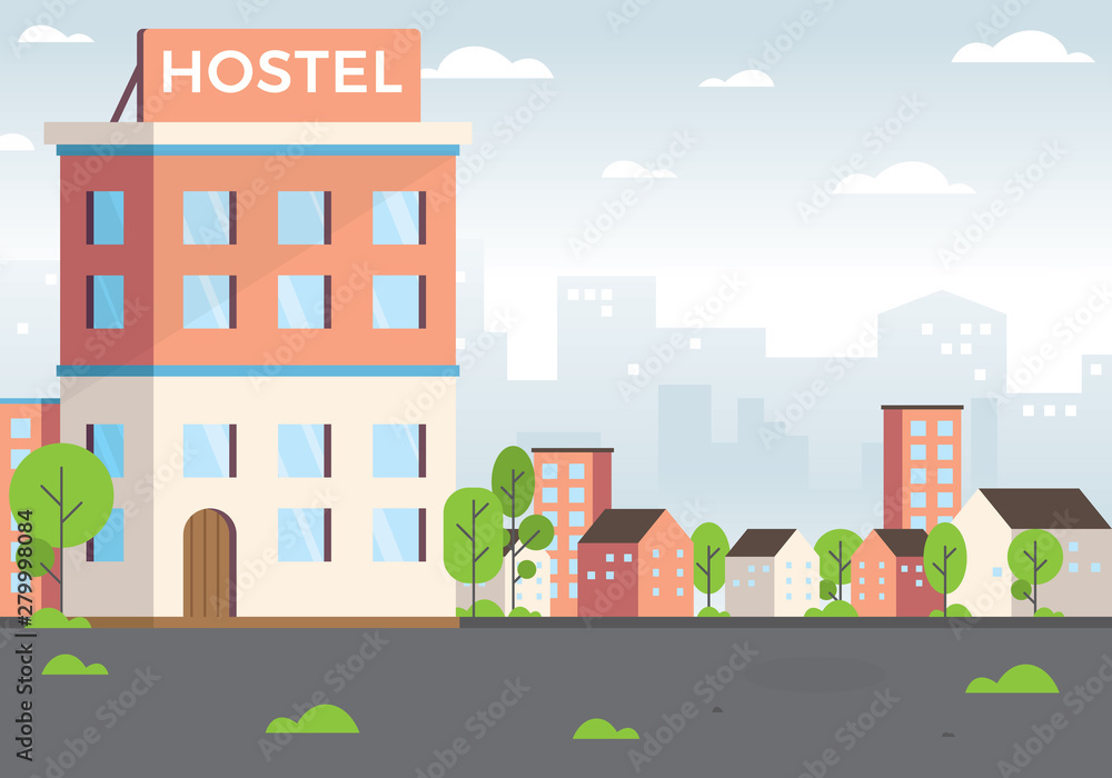 Hostel vector illustration. Budget low cost travel, Vacation graphic design elements. Exterior Hostel for Tourist. Cheap Place for Living or one Night