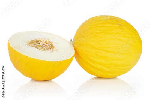 Fotografie Group of one whole one half of fresh yellow melon canary isolated on white backg