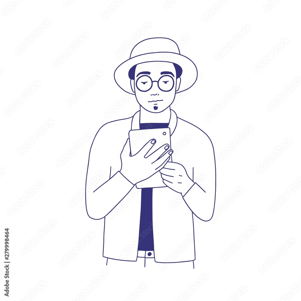 Pensive guy dressed in trendy clothes reading e-book. Hand drawn portrait of smart young man with glasses and electronic book or e-reader isolated on white background. Monochrome vector illustration.