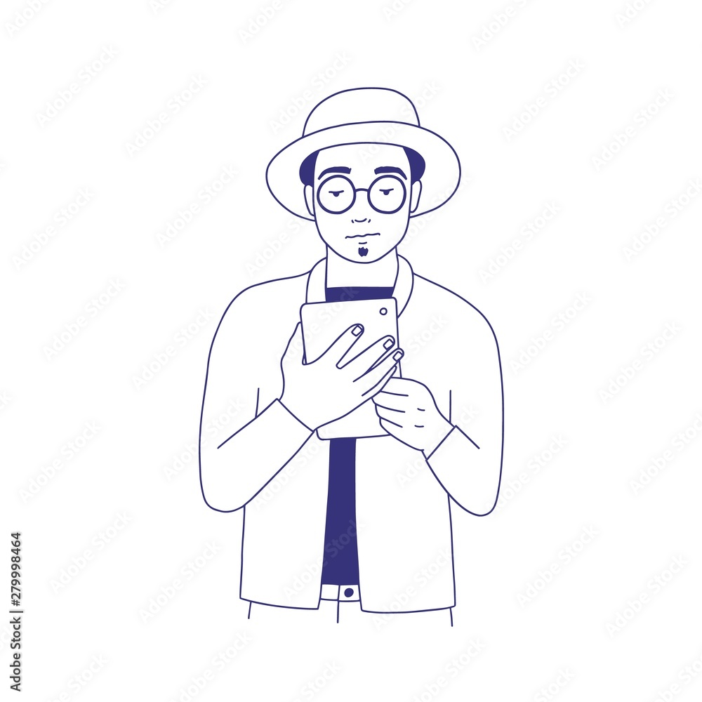 Pensive guy dressed in trendy clothes reading e-book. Hand drawn portrait of smart young man with glasses and electronic book or e-reader isolated on white background. Monochrome vector illustration. Pensive guy dressed in trendy clothes reading e-book. Hand drawn portrait of smart young man with glasses and electronic book or e-reader isolated on white background. Monochrome vector illustration.