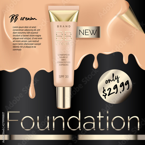 Foundation makeup, advertising design template for catalog with concealer, BB cream packaging tube mock up with liquid foundation in the background vector illustration.