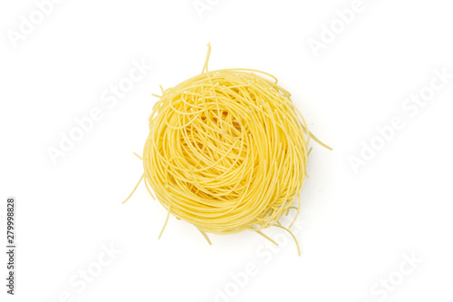 One whole raw pasta angel hair flatlay isolated on white background