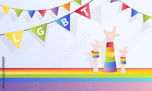 LOVE hands signal on the rainbow color floor with text LBGT on colorful pennants, Sexual freedom, illustrator element, sexual orientation, LGBT movement concept